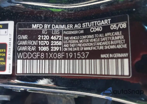 2008 Mercedes-Benz C 300 Luxury 4Matic/Sport 4Matic из США, поврежденный, VIN WDDGF81X08F191537